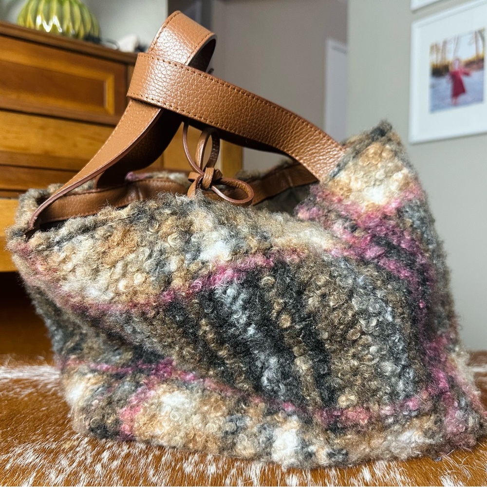 Sundance Plaid Wool Tote Bag with Brown Leather Straps